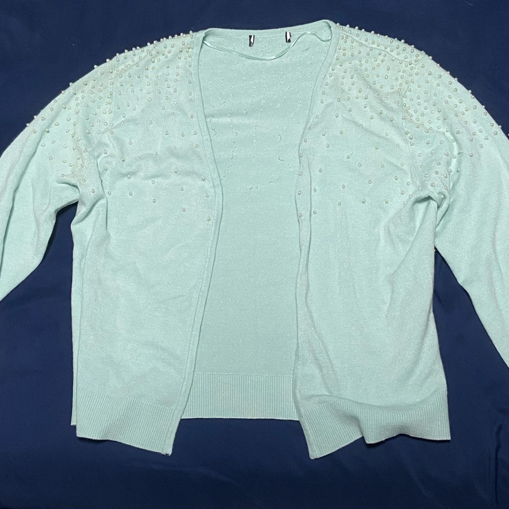 Teal cardigan with pearls